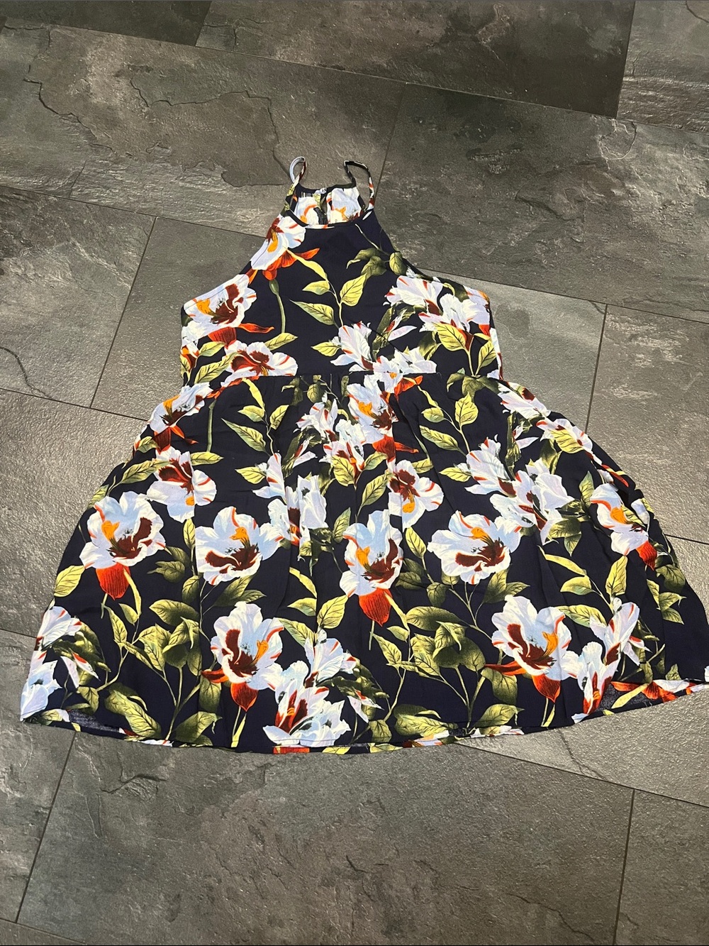 Navy Floral Halter Summer Dress - White & Green Bloom
